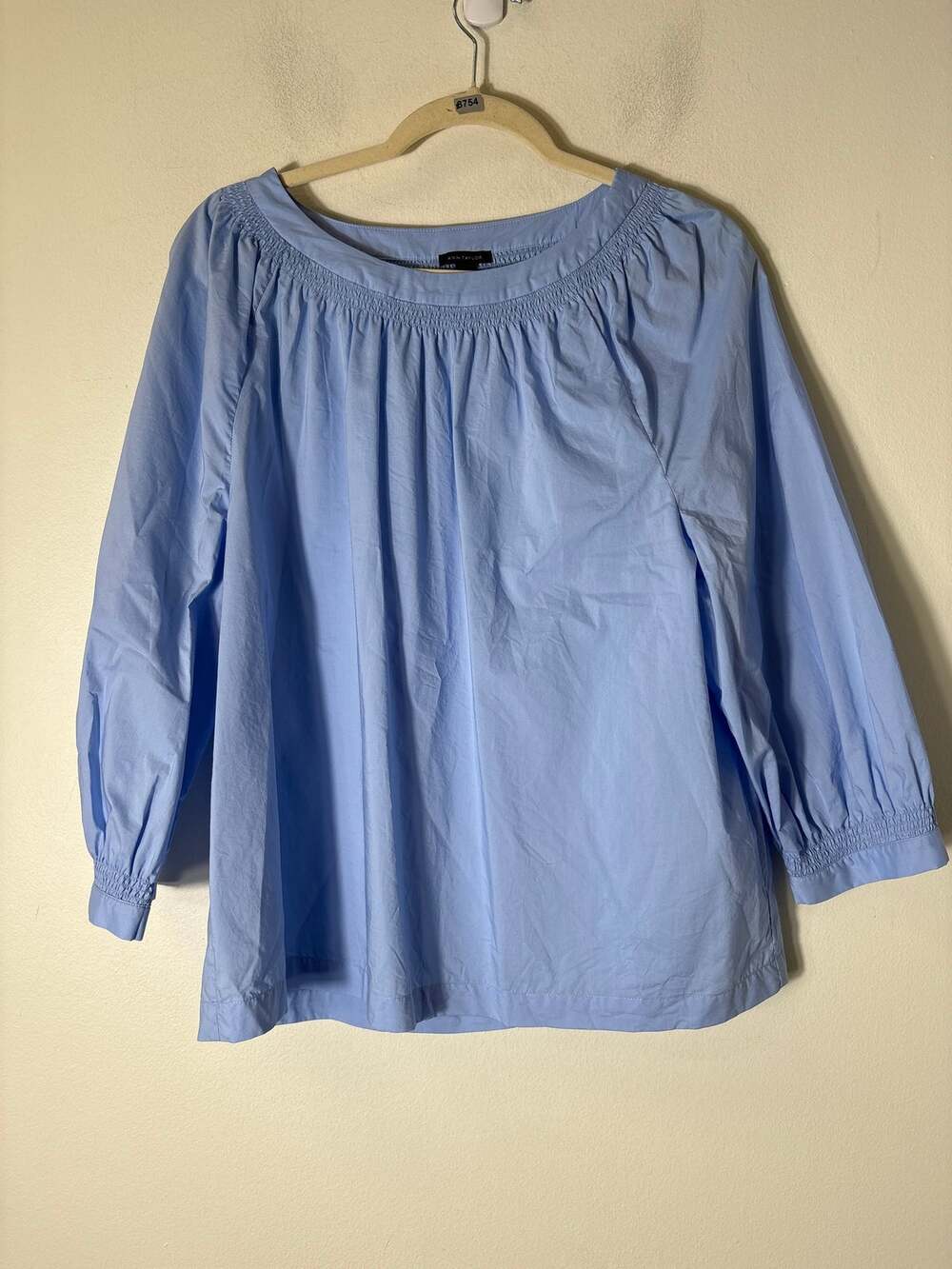 Ann Taylor Blue Cotton Smocked Neckline 3/4 Sleeve Top Sz L